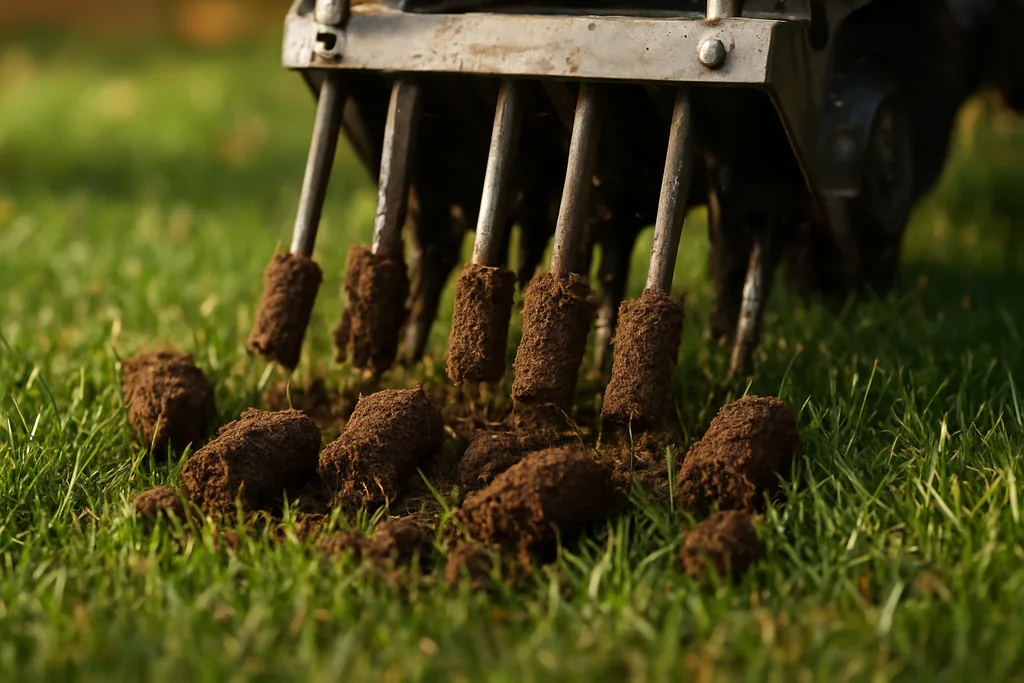 aerating clay soil - core aerator pulling plugs from a clay lawn