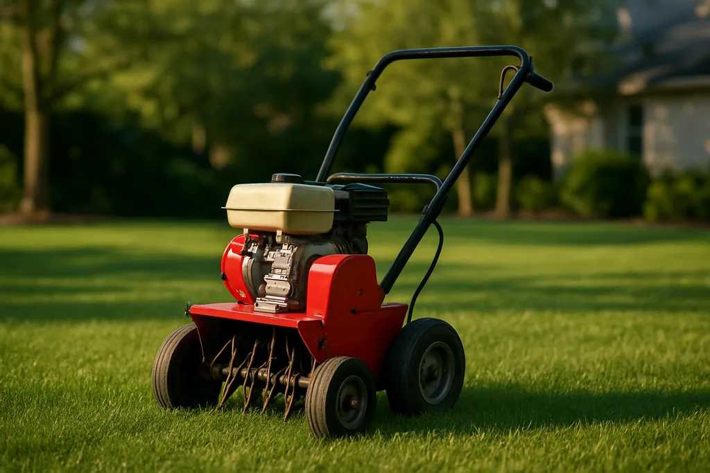 aerator rental - walk-behind core aerator on a lawn