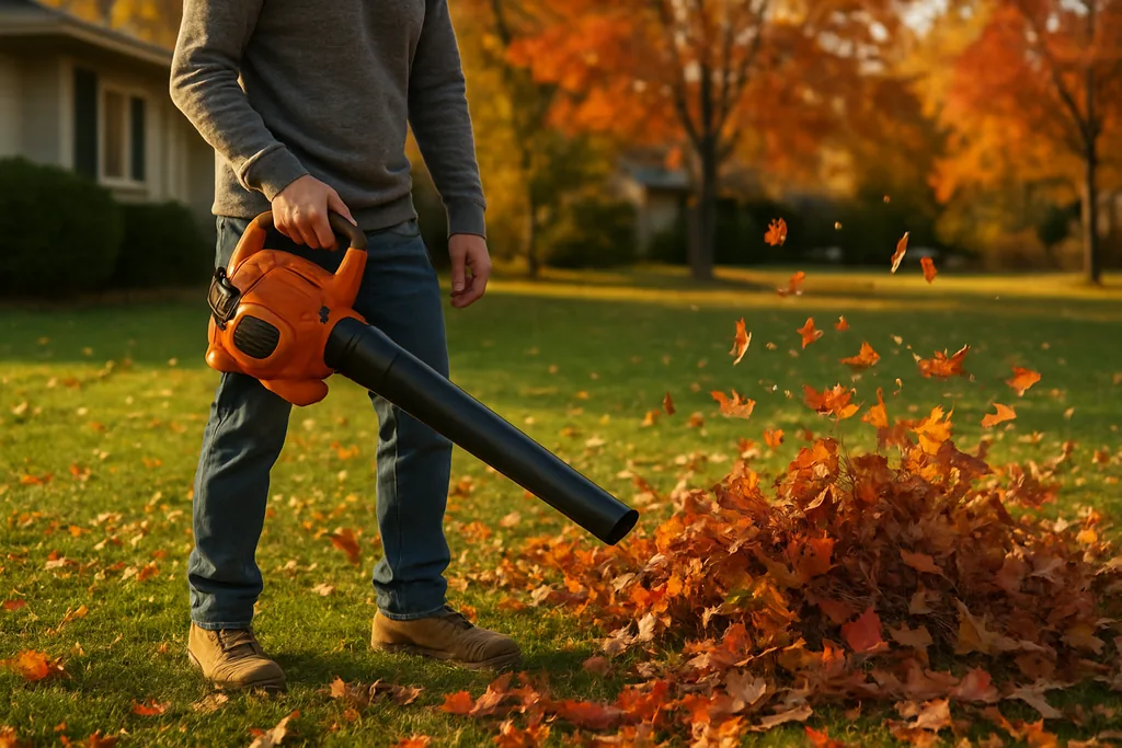 best way to remove leaves - blowing leaves into a pile on a lawn