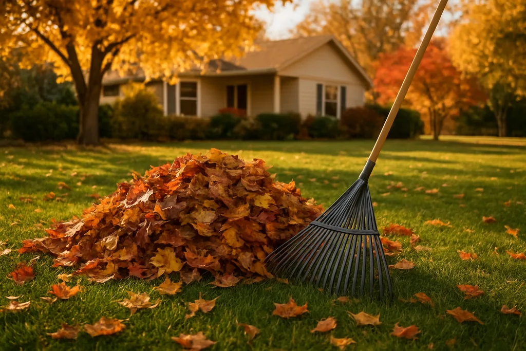 fall yard cleanup - raking leaves on a green autumn lawn
