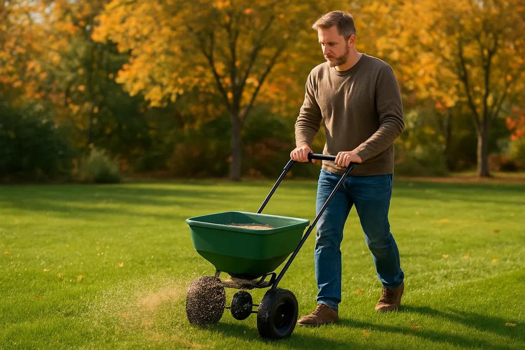 how to overseed a lawn - spreading grass seed on a green lawn