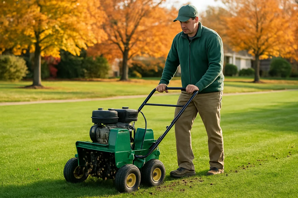 lawn aeration cost - professional core aerator on a green lawn