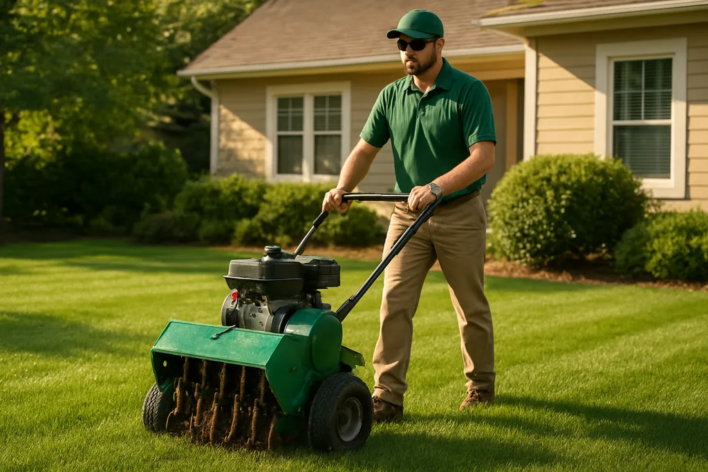 lawn aeration service near me - professional crew aerating a lawn