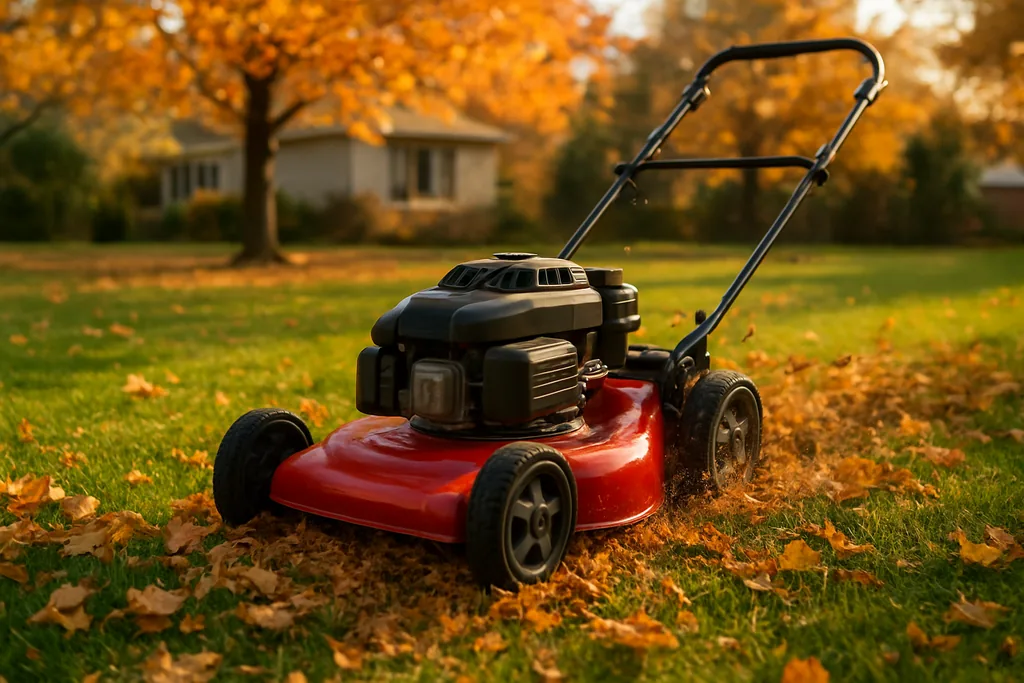 leaf mulching vs bagging - mower mulching leaves on a lawn