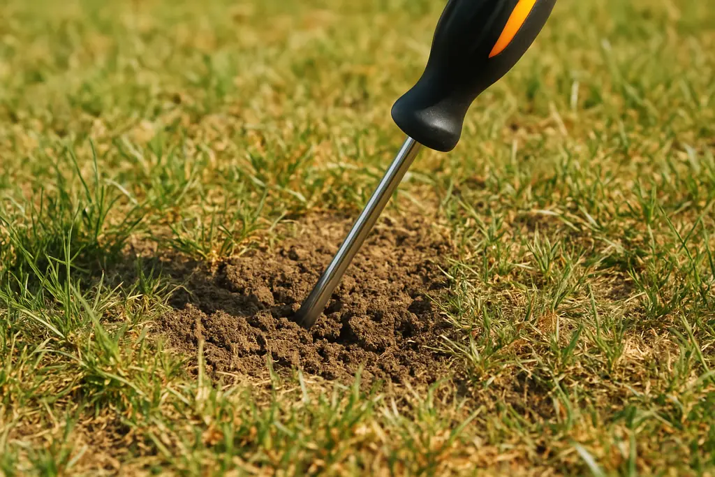 signs your lawn needs aeration - screwdriver test on compacted lawn