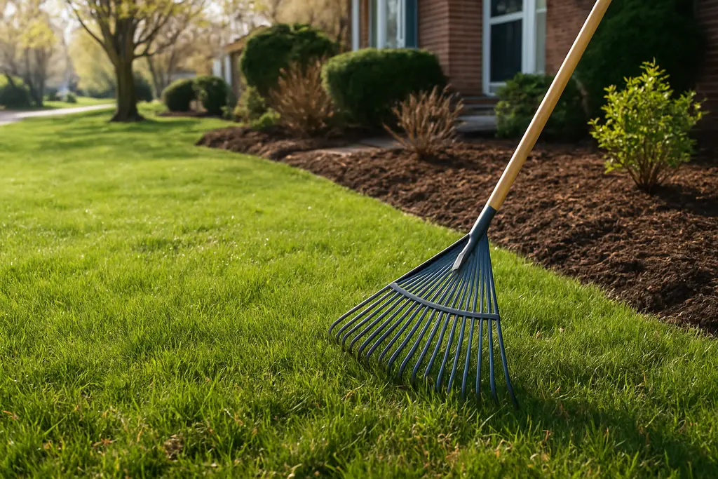 spring yard cleanup - tidy green lawn and fresh mulched beds