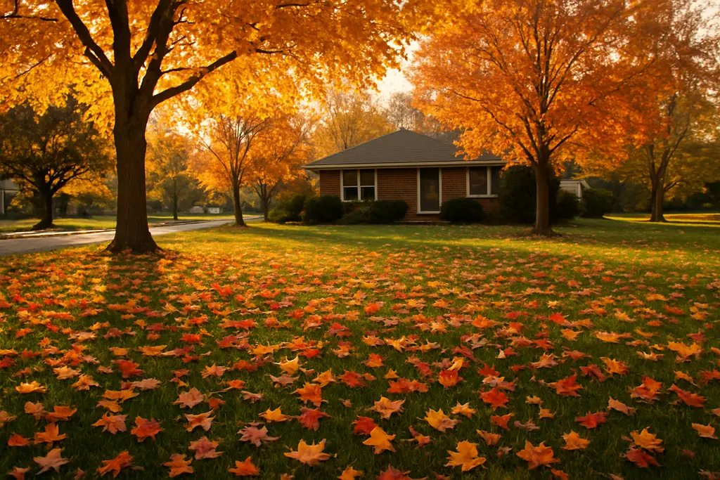 when to do fall cleanup - autumn yard with dropping leaves