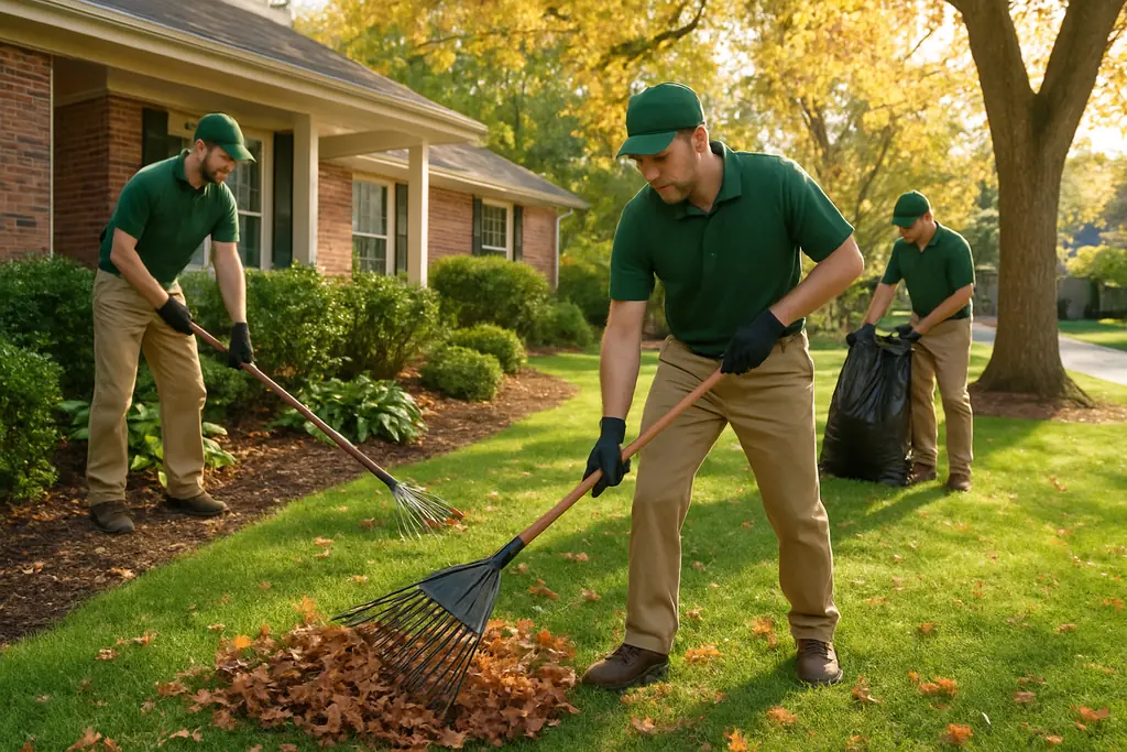 yard cleanup services - crew cleaning up a suburban yard